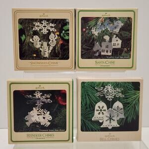Vintage Set Of 4 Hallmark Chimes Ornaments Santa Reindeer Bell Snowman